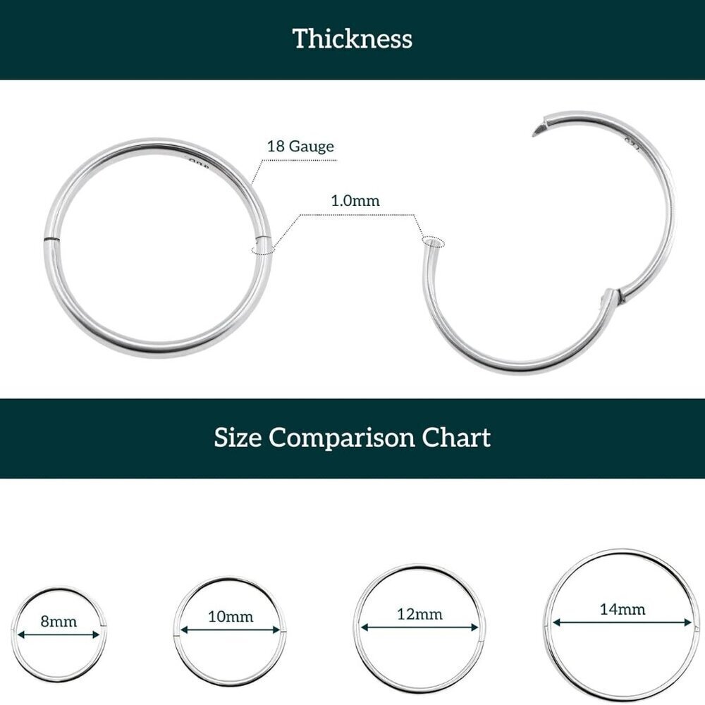 Sterling Silver Hoop Earrings Hypoallergenic Hinged Continuous Wear 8-14mm - Picture 7 of 9